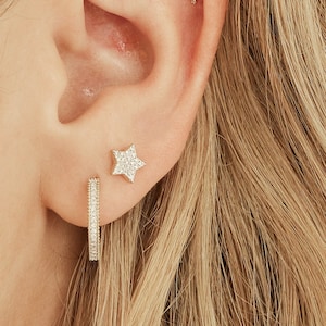 14K REAL Diamond Baby Star Stud Earring Real Solid Gold Natural Genuine Diamond Upper Earlobe Cartilage Tragus Flat Ear Post Stud Piercing