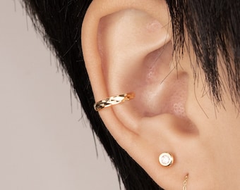 14K REAL Solid Gold Diamond-cut Bold Thick Minimalist Ear Cuff Ring, Golden Cartilage Conch Helix No Piercing Kids Ear Cuff Wrap Earring