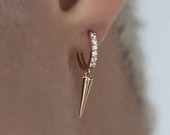 14K REAL Solid Gold Spike Drop Huggie Earring, Diamond CZ Cartilage Upper-lobe Helix Tragus Conch Hinge Huggie Hoop Ear Piercing Jewelry