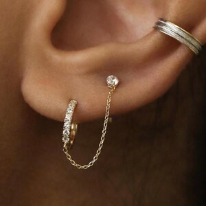 14K リアル ソリッド ゴールド フープ スタッド チェーン CZ イヤリング、上耳たぶ 軟骨 ヘリックス トラガス 耳ポスト スタッド イヤリング ミニマリスト ダブル スタッド