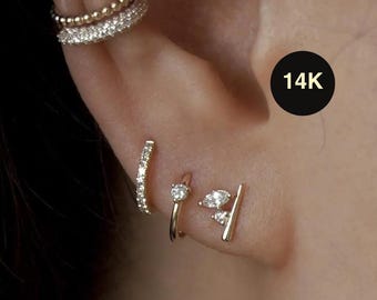 14K REAL Solid Gold Marquise Round Cluster Diamond CZ Line Bar Stud Earrings Earlobe Cartilage Tragus Ear Post Push-back Piercing Jewelry