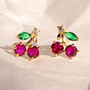 14K REAL Solid Gold Mini Ruby Cherry Stud Earrings, Marquise Cubic Zirconia Upper Earlobe Cartilage Helix Tragus Post Stud Dainty Piercing