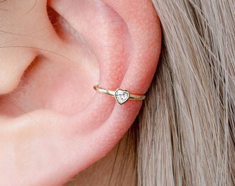 14K ECHTE Solid Gold Heart Diamond CZ Statement Ear Cuff Ring, Diamond CZ Kraakbeen Conch Helix Geen Piercing Ear Cuff Wrap Earring