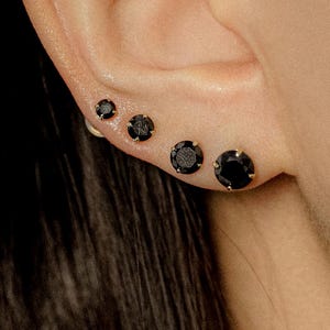 14K REAL Solid Gold Black Round Diamond CZ Stud Earrings, Cartilage Daith Helix Tragus Conch Snug Ear Post Piercing Minimalist Basic Jewelry