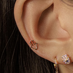 14K REAL Solid Gold Hamsa Ear Stud Piercing Earring Minimal Cartilage Daith Helix Tragus Conch Rook Snug Internal Thread Flat Back 18 Gauge