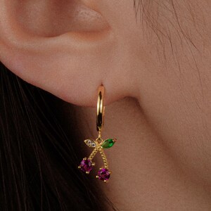 14K REAL Solid Gold Marquise Red Ruby Cherry Drop Huggies Earrings, Dainty Minimalist Gold Charm Pendant Dangle Huggie Hoop Earring Jewelry