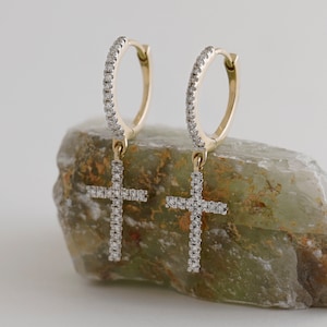 14K REAL Diamond Cross Huggie Hoop Earrings Minimalist Real Solid Gold Cross Charm Pendant Dangle Drop Huggie Hoop Earring Religious Jewelry