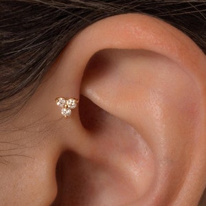 14K Genuine Natural Diamond Trinity Lotus Floral Stud Earring, Cartilage Helix Tragus Conch Snug Ear Post Piercing 18Gauge Solid Gold