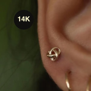 14K REAL Solid Gold Love Knot Endless Symbol Stud Earrings, Upper Earlobe Tragus Ear Post Stud Screw-back Piercing Minimal Gift For Her