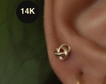 14K REAL Solid Gold Love Knot Endless Symbol Stud Earrings, Upper Earlobe Tragus Ear Post Stud Screw-back Piercing Minimal Gift For Her