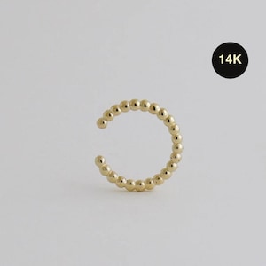 14K REAL Solid Gold Beaded Bold Thick Minimalist Ear Cuff Ring, Golden Beaded Cartilage Conch Helix No Piercing Kids Ear Cuff Wrap Earring