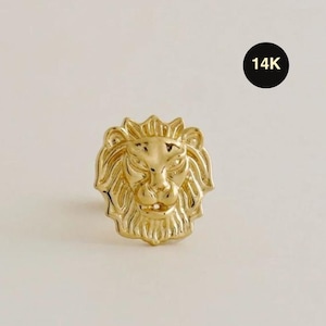 14K Solid Gold Lion Head Stud Earring, Bold Statement Gold Stud, Dainty Lion Earring, Animal Jewelry, Gift for Her