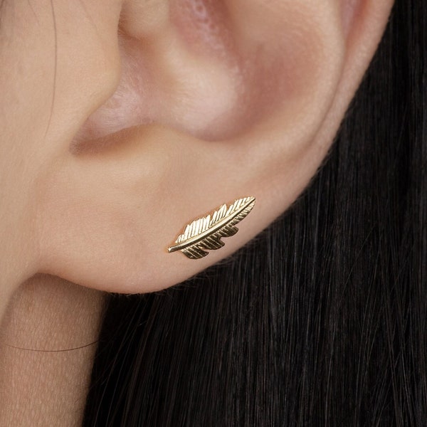 14K REAL Solid Gold Feather Cartilage Daith Helix Tragus Conch Rook Snug Ear Post Stud Piercing Earring Body Jewelry 18Gauge
