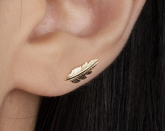 14K REAL Solid Gold Feather Cartilage Daith Helix Tragus Conch Rook Snug Ear Post Stud Piercing Earring Body Jewelry 18Gauge