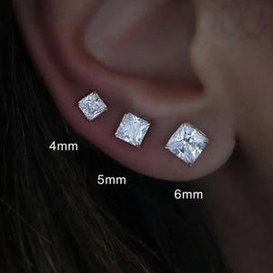 14K Solid Gold Square CZ Stud Earrings, Tiny Minimalist Gold Stud, Cartilage Stud, Simple Gold Earrings