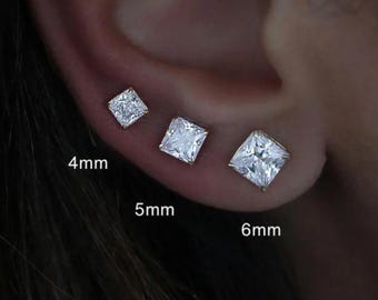 14K Solid Gold Square CZ Stud Earrings, Tiny Minimalist Gold Stud, Cartilage Stud, Simple Gold Earrings