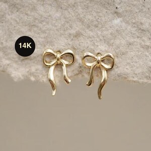 14K Solid Gold Stud Earrings, Bow or Champagne Glass, Dainty Minimal Everyday Jewelry Gift
