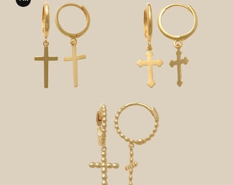 14K Solid Gold Cross Hoop Drop Earrings – Classic, Vintage, Beaded Dangle Ear Jewelry