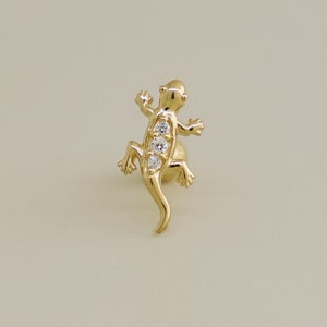 14K REAL Solid Gold Baby Lizard Cartilage Daith Helix Tragus Conch Rook Snug Diamond CZ Ear Post Stud Piercing Earring Body Jewelry 18Gauge