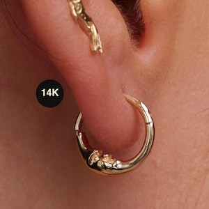 14K Solid Gold Moon Face Huggie Hoop Earrings Pair, Hinged Snap Hoops