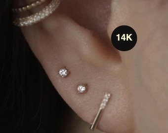 14K real Diamant Solid Gold Runde Solitär Bolzen Ohrring Knorpel Helix Tragus Conch Rook Snug Ohr Post Piercing Körper Schmuck 18Gauge