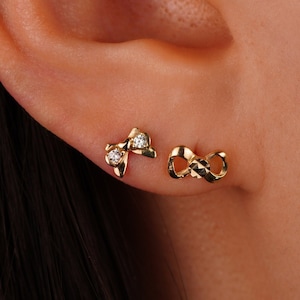14K REAL Solid Gold Ribbon Bow Earrings CZ  Cartilage Daith Helix Tragus Conch Rook Snug Ear Post Screw-back Stud Piercing