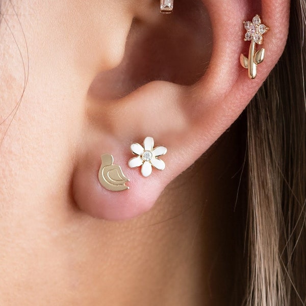 14K REAL Solid Gold Daisy Flower Cartilage Daith Helix Tragus Conch Rook Snug Diamond CZ Ear Post Stud Piercing Earring Body Jewelry 18Gauge