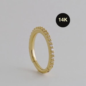 14K REAL Solid Gold Diamond CZ Hoop Earring Cartilage Daith Helix Tragu Conch Rook Snug Body Hoop Ear Clicker Ring Piercing Jewelry 16G