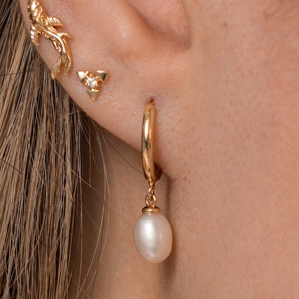 14K REAL Solid Gold Huggie Pearl Drop Earrings, Cartilage Daith Helix Tragus Conch Earlobe Snug Hinged Huggie Hoop Ear Clicker Ring Piercing