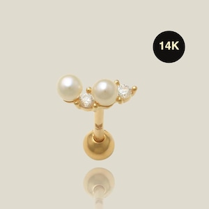 14K リアルソリッドゴールド ダブルパール CZ スタッド付き 軟骨ヘリックス トラガス コンク ルーク スナッグ イヤーポストピアス イヤリング ボディジュエリー 18ゲージ