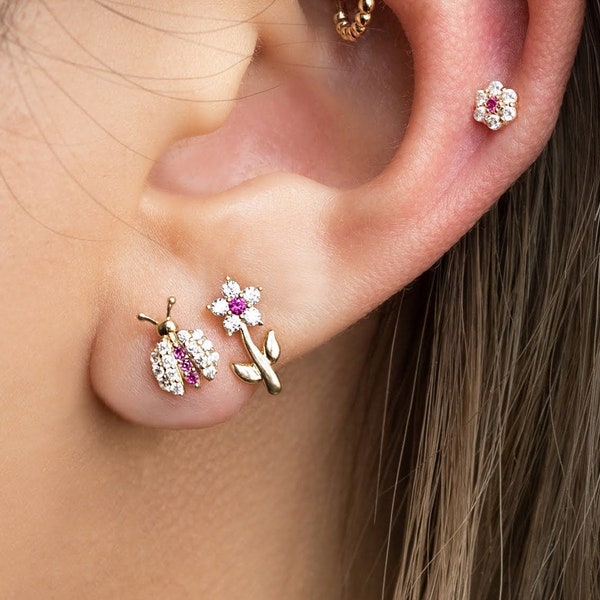 14K REAL Solid Gold Flower Cartilage Daith Helix Tragus Conch Rook Snug Diamond CZ Ear Post Stud Piercing Earring Body Jewelry 18Gauge
