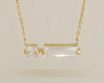 14K REAL Solid Gold Baguette Diamond CZ Horizontal Bar Chain Necklace, Baguette Diamond CZ Minimalist Dainty Horizontal Bar Chain Necklace