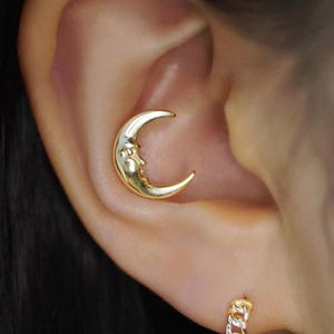 14K Solid Gold Moon Half Face Crescent Stud Earring Piercing Internal Flat Back Cartilage Conch Piercing Ear Jewelry Earlobe