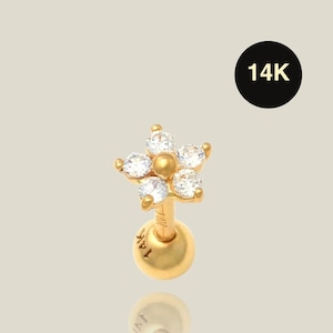 14K REAL Solid Gold Flower Cartilage Daith Helix Tragus Conch Rook Snug Diamond CZ Ear Post Internal Flat Back Stud Piercing Earring 18Gauge