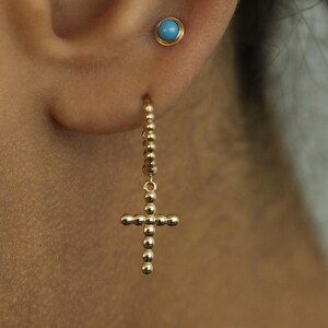 14K REAL Beaded Solid Gold Cross Huggie Hoop Earrings Dainty Minimalist Everyday Piercing Dangle Drop Religious Jewelry Gift For Her