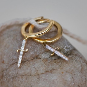 14K REAL Diamond Dagger Huggie Hoop Earrings Minimalist Real Solid Gold Cross Charm Pendant Dangle Drop Hoop Earring Jewelry