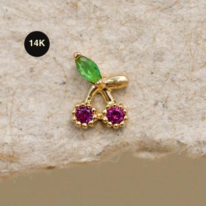 14K Solid Gold Cherry Stud Earring, 18G Cartilage Stud, Ruby CZ Gold Piercing