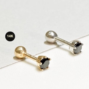 Pendiente de oro macizo de 14 quilates con circonita cúbica y diamante negro redondo, piercing para cartílago de la oreja, calibre 18