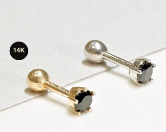 14K Solid Gold Round Black Diamond CZ Stud Earring, Cartilage Helix Ear Piercing Jewelry 18Gauge
