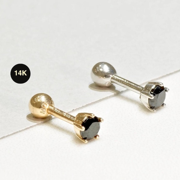 14K Solid Gold Round Black Diamond CZ Stud Earring, Cartilage Helix Ear Piercing Jewelry 18Gauge