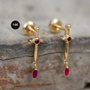 14K Solid Gold Ruby Dagger Stud Earrings, Sword Ear Post Screw-back Piercing Earring