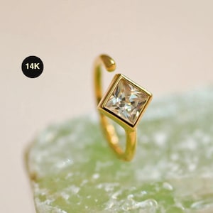14K Gold CZ Lozenge Nose Ring Hoop, 18G Piercing