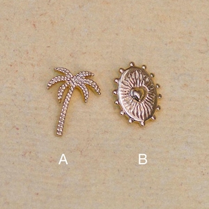 14K REAL Solid Gold Palm Tree & Radiant Heart Stud Earring, Tropical Boho Vibe Minimalist Jewelry, Cartilage Helix Tragus Conch Ear Piercing