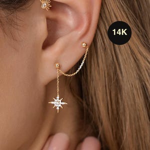 14K ECHT massief gouden Starburst-ketting dubbele stekerinsteker, oorlelkraakbeen Helix tragusoor post piercing sierlijke ster sieraden