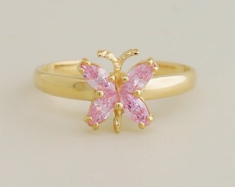 14K REAL Solid Gold Pink Diamond CZ Butterfly Open Ring, Dainty Cute Zehenring Dainty Knuckle Toe Pinky Finger Ring Jewelry