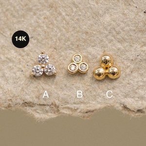 14K Solid Gold Trinity Lotus Stud Earring, Diamond CZ Ball Internal Ear Piercing Minimalist Jewelry