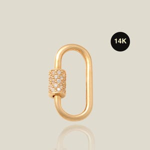 14K REAL Solid Gold Cubic Zirconia Oval Paperclip Shaped Charm Enhancer Connector, Durable Chain Carabiner Clasp Multiple Charm Jewelry