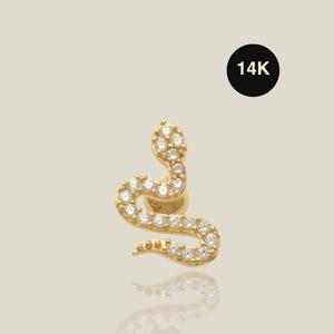 14K REAL Solid Gold Snake Stud Earring, Ear Piercing Cartilage Helix Tragus Conch Ear Post Piercing Body Jewelry 18Gauge, Dainty CZ Pierced