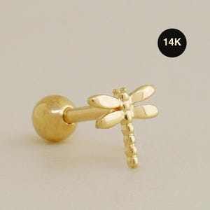 14K REAL Solid Gold Mini Dragonfly Stud Cartilage Helix Tragus Conch Rook Snug Ear Post Piercing Earring Body Jewelry 18Gauge Cute Gift