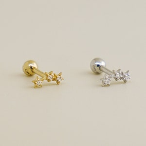 14K Echtgold Drei Sterne Diamant CZ Knorpel Daith Helix Tragus Conch Rook Snug Ohrstecker Piercing Ohrring Körper 18Gauge